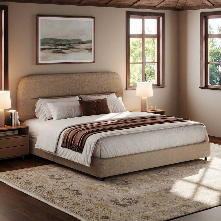 Boucle Upholstered Bed Frame, Upholstered Platform Bed With Headboard And Footboard, Modern Bed Frame Twin/Full/Queen/King, Black / Grey/ White/ Beige/ KhakiTwin Size Boucle Bed Frame/ Full Size Boucle Bed Frame/ King Size Boucle Bed Frame - 奶油 - 查看 1