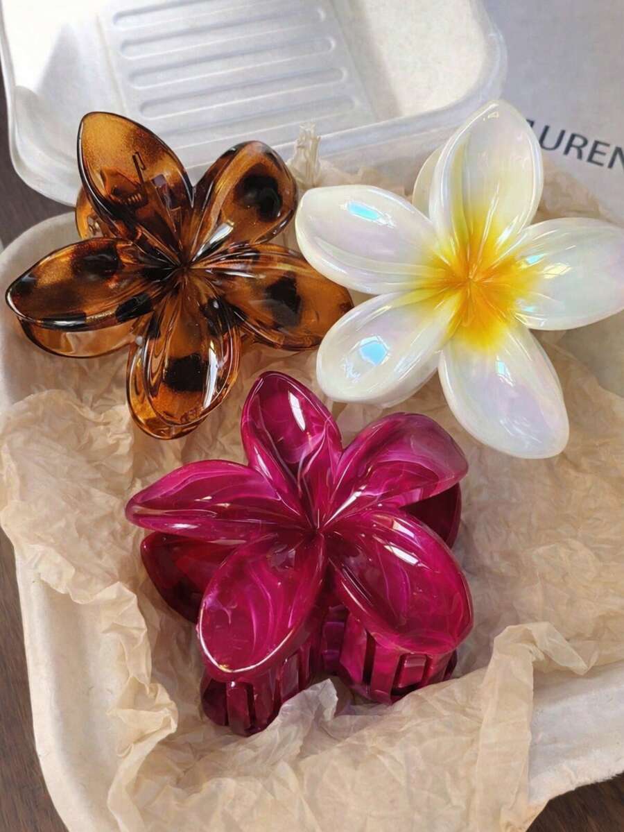 3 pièces/set Pinces à cheveux de 8 cm/3,15 pouces avec design de fleurs dégradé, imprimé léopard, dégradé jaune-blanc et texture de marbre bordeaux. Convient pour les femmes, élégant, minimaliste, polyvalent pour le quotidien, les fêtes, le travail, les voyages, la rentrée scolaire, les tenues scolaires. Accessoires capillaires d'été, pinces à cheveux de plage - Multicolore - Voir 1