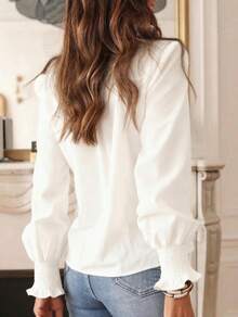 Women's Petal Sleeve Button-Up Regular Shirt Blouse, Spring/Summer - White - View 5