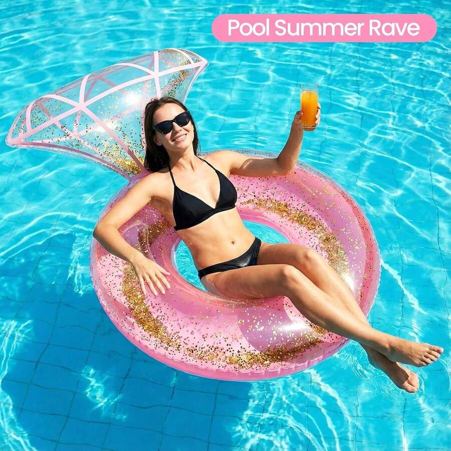 Pink Diamond Glitter Inflatable Pool Float, Sequin Round Swimming Ring Suitable For Summer Beach Vacation And Bachelorette Party - One Size Fits All - View 1