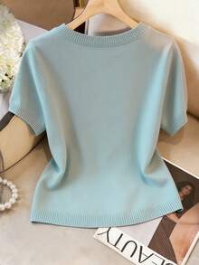Light Blue Casual Round Neck Short Sleeve Knit Blouse, Summer - Baby Blue - View 2