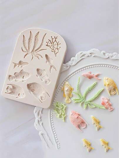 Molde de fondant con tema de sirena - Molde de silicona con forma de caballito de mar, concha, estrella de mar y cola de sirena para decoración de pasteles, chocolate, dulces, arcilla polimérica, decoración de cupcakes, arte del azúcar. Herramienta de horneado DIY