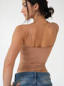 Thin Strap Tank Top In Polyamide, Blouse With Lining, Suplex Blouse - Mocha Mousse - View 2