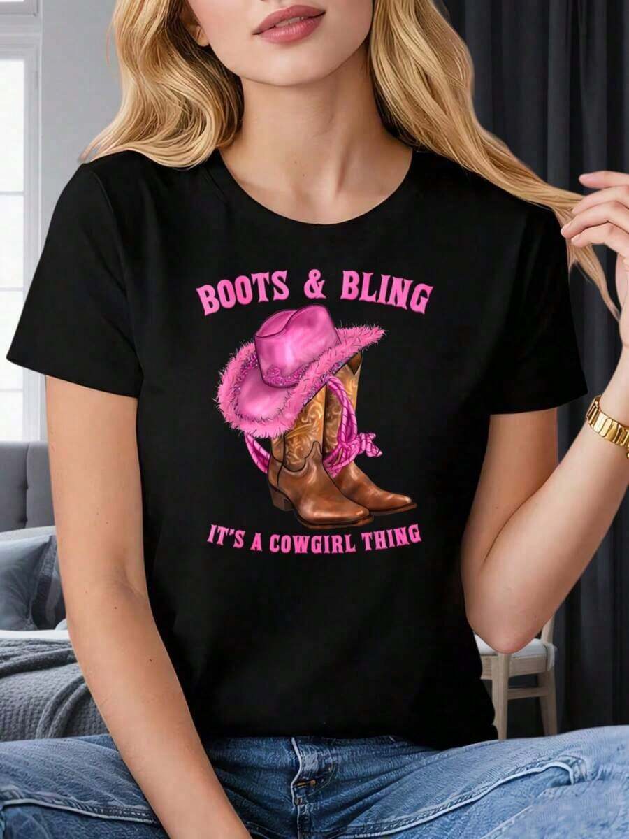 Western Style Women's T-Shirt Boots And Bling Its A Cowgirl Thing Graphic Print Casual Wear For Spring And Summer Perfect Gift For Cowgirl Lovers 220g Comfortable Cotton T-Shirt - màu đen - Xem 1