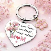 Móc khóa quà tặng Ngày của Mẹ với dòng chữ "Cảm ơn Mẹ", mặt dây chuyền hình trái tim và hoa cẩm chướng khắc chữ, món quà thiết thực dành cho mẹ và người lớn tuổi. - Màu Bạc Cổ - Xem 3