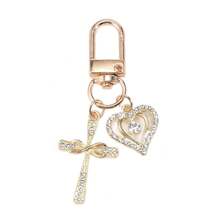 1pc Multi-Color Rhinestone Cross & Heart Shaped Keychain, Vintage Chic Metal Bag Charm Pendant, Couple Accessory - Multicolor - View 5