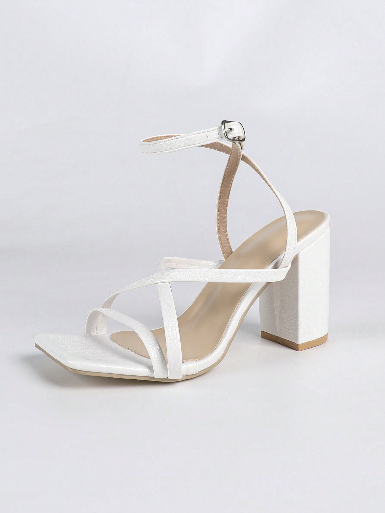 كعب عالي مربع الأصبع للنساء، لون أبيض، كعب سميك، أ...