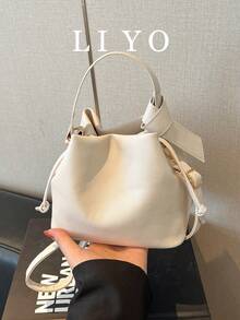 Pleated Drawstring Bucket Bag, Women's Fashion Solid White Cloud Shoulder Bag, Stylish Versatile Small Crossbody Bag - White - View 2