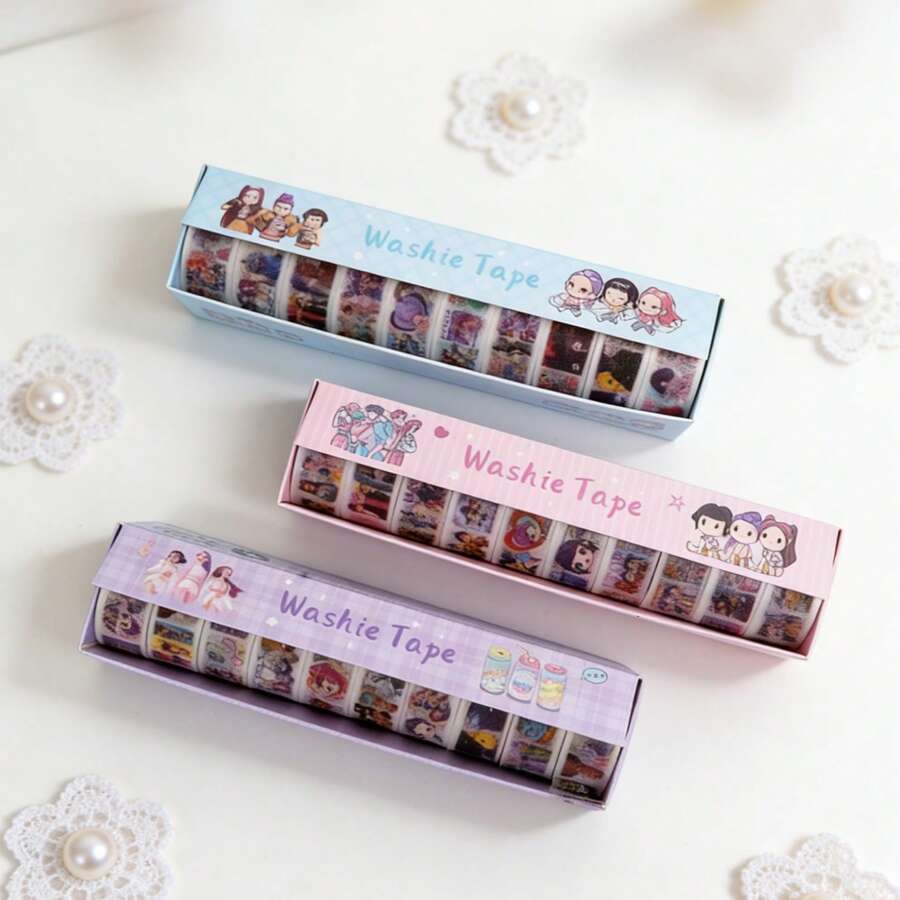 Bộ 10 cuộn băng dính Washi Tape hình nhóm nhạc nữ POP Witch Hunting, đồ dùng văn phòng phẩm dễ thương, sáng tạo theo chủ đề K-Pop, bao gồm cả giấy và PET. - Nhiều màu - Xem 1