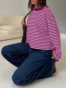 Women's Casual Top, Striped Color Block Ribbed Fabric, Suitable For Spring And Autumn - Hot Pink - View 7