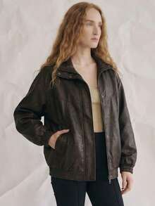 OUTTA BOX Chaqueta casual con bolsillo con cremallera, manga larga, solapa, oversize, de piel sintética color moca, elegante estilo papá, adecuada para el hogar, fiestas, uso diario, primavera y otoño, Día de la Madre - Marrón Mocha - Ver 3