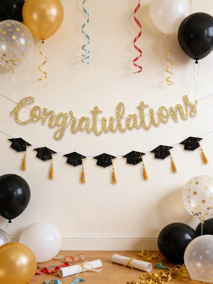 1pc Gold Glitter Congrats & Graduation Cap Banner, Pre-Strung 118 Inch Black & Gold Graduation Banner, Suitable For 2026 Graduation Party Decor - Multicolor - View 1