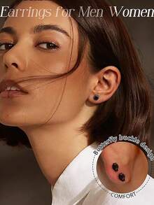 3对FIBO STEEL不锈钢黑色立方氧化锆耳钉，时尚男女通用穿刺饰品套装，欧美流行款 - 黑色 - 查看 4