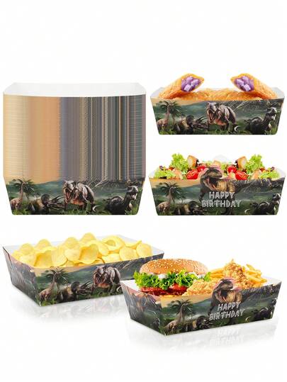 10pcs/30pcs/50pcs Dinosaur Paper Food Trays Dinosaur Theme Party Supplies Food Boats Paper Trays Disposable Serving Tray For Taco Snack Pizza French Fry Holder Birthday Party Decorations Favors