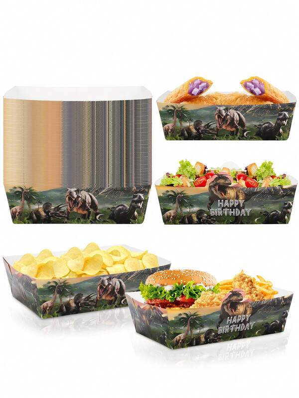 10个/30个/50个装恐龙纸质食物托盘 恐龙主题派对用品 食物船纸托盘 一次性餐盘 适用于墨西哥卷饼、小吃、披萨、薯条等 生日派对装饰礼品