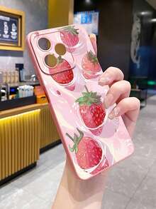 1pc Floating Strawberry Camera Anti-Drop Phone Case Compatible With Apple, /Galaxy, - Pink - View 3