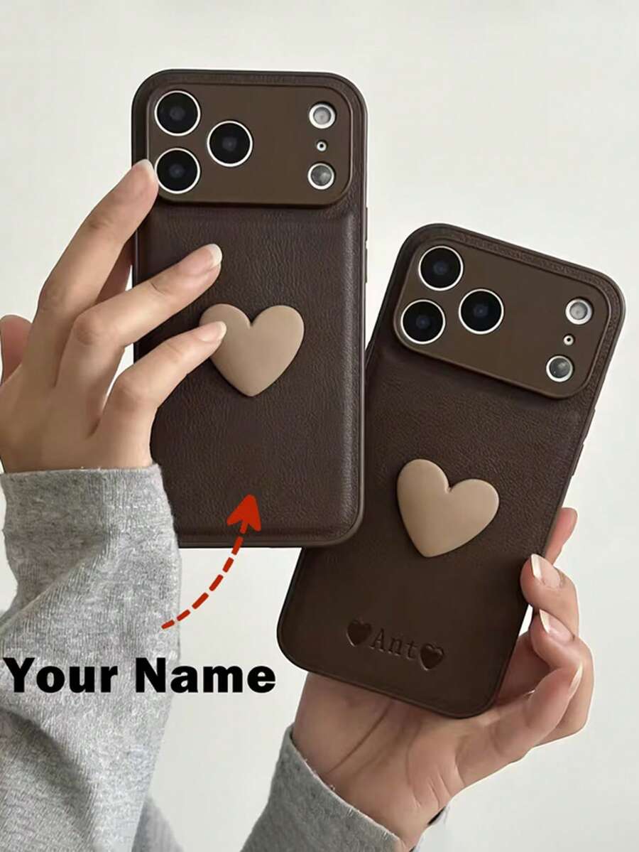 Ốp lưng điện thoại cao cấp cá nhân hóa, khắc tên 3D nổi bật, phù hợp với 17, 16, 15, 14, 13, 12, 11 Pro Max, 14, 15, 16 Plus, 17 Air, chất liệu giả da cổ điển, kèm trái tim acrylic 3D, ốp bảo vệ toàn thân chống sốc. - màu nâu - Xem 1