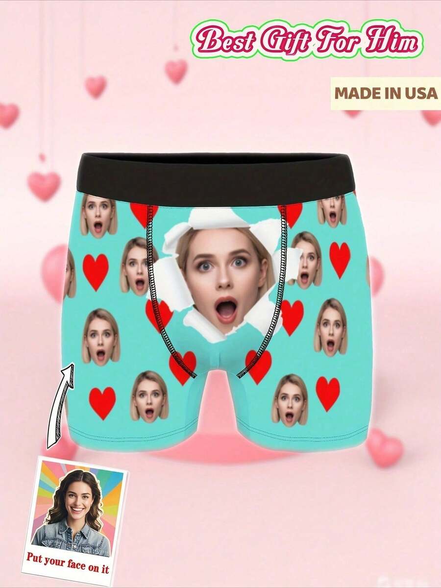 Customized Facial Pattern Boxer Shorts, Personalized Photo Underwear, Fun Facial Underwear, Valentine's Day/Anniversary/Wedding/Birthday Gifts, Sexy And Funny Spoof Gifts, Suitable For Giving To Dad/Husband/Friends - Black - View 1