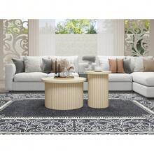 Set Of Two Round Coffee Tables With A Natural Wood Grain Look And Wavy Structure With An Integrated Side Table, Ideal For The Living Room, Bedroom, Study Or Office. - Beige - View 4