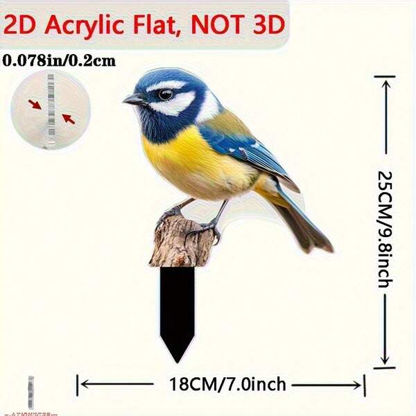 Cọc trang trí sân vườn hình chim xanh mô phỏng 2D - Những chú chim nhỏ màu xanh và vàng rực rỡ trên nền lá xanh, lý tưởng cho cây trồng trong chậu, bãi cỏ và trang trí ngoài trời | Món quà hoàn hảo cho những người yêu thích chim sơn ca hoặc chim chích chòe xanh.