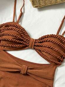 Women's High Waist One-Piece Swimsuit, Elegant Spaghetti Strap With Hollow Crochet Details, High Elasticity Vacation Beach - 摩卡棕 - 查看 4