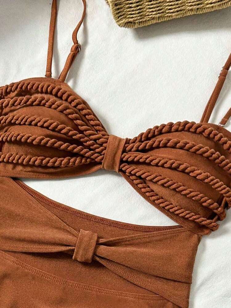 Women's High Waist One-Piece Swimsuit, Elegant Spaghetti Strap With Hollow Crochet Details, High Elasticity Vacation Beach - Mocha Brown - View 4