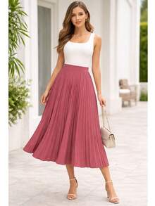 Elegant Pleated Skirt In Stretch Fabric With Lining, Suitable For Women's Evenings, Weddings, Holidays, And Offices. Timeless. - Màu hồng gỉ - Xem 1