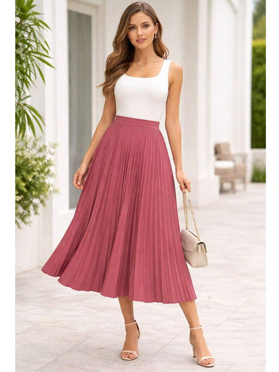 Elegant Pleated Skirt In Stretch Fabric With Lining, Suitable For Women's Evenings, Weddings, Holidays, And Offices. Timeless. - Màu hồng gỉ - Xem 1