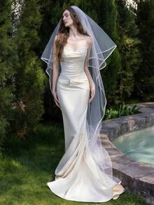 1件白色新娘头纱，双层镶边梳子头纱，长300厘米，宽150厘米，超长拖尾头纱，适合婚礼、派对、角色扮演、摄影，优雅复古风格，带发梳。 - 白色 - 查看 4