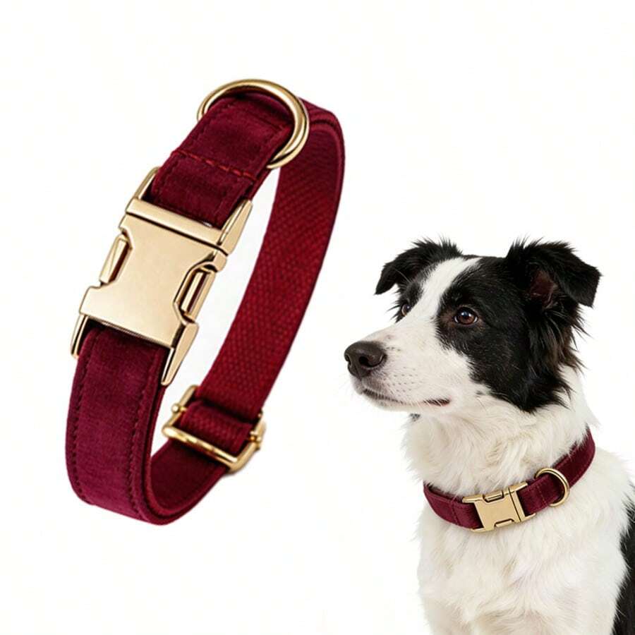 1pc Velvet Material Pet Dog Collar, Soft & Comfortable Adjustable Dog Collar With Metal D-Ring, Quick Release Safety Buckle, Suitable For Small To Medium To Large Dogs, All Season, Fashionable, Colorful, Retro Cute, Minimalist - Burgundy - View 1