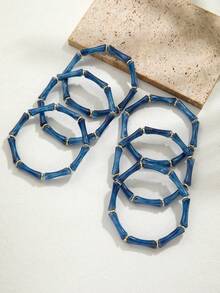 6pcs Set Of Deep Blue Bamboo Knot Resin Bangle Bracelets, Minimalist Elegant Accessories Suitable For Daily Wear And Artistic Outfits - Multicolor - View 2