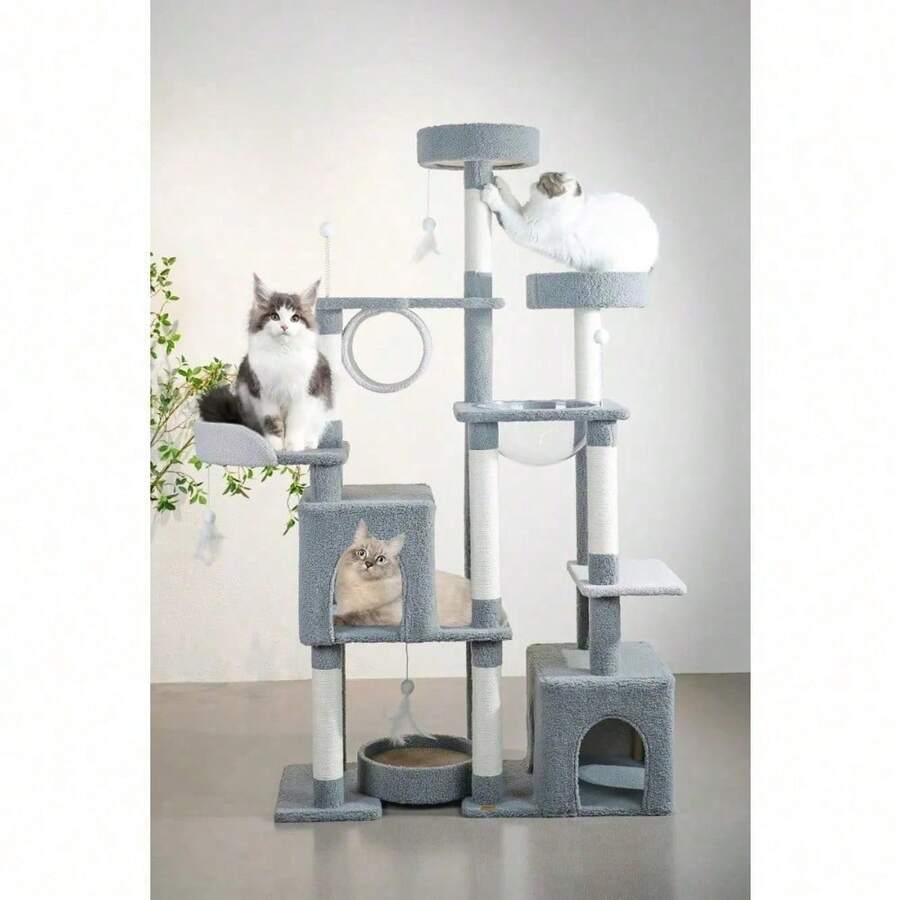 Torre Árbol Rascador Gris Casa Para Gato Varios Niveles 1.7m - Gris - Ver 1