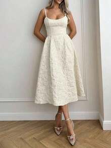 Summer Wedding Elegant Solid Color Sophisticated Lightweight Dress, Fitted Waist Spaghetti Strap Midi Dress, Pink Party,Casual Dress - 奶油 - 查看 5