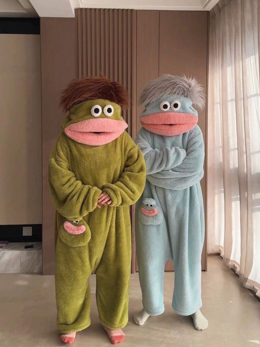 卡通珊瑚絨長款浴袍 中性款 加厚毛絨連帽居家浴袍 Cosplay - 彩色 - 查看 1