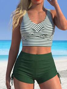 Bộ bikini tankini mùa hè dành cho nữ, họa tiết kẻ sọc, áo bikini dây đeo điều chỉnh được và quần bikini dây rút bên hông, phong cách nghỉ mát biển. - Nhiều màu - Xem 6