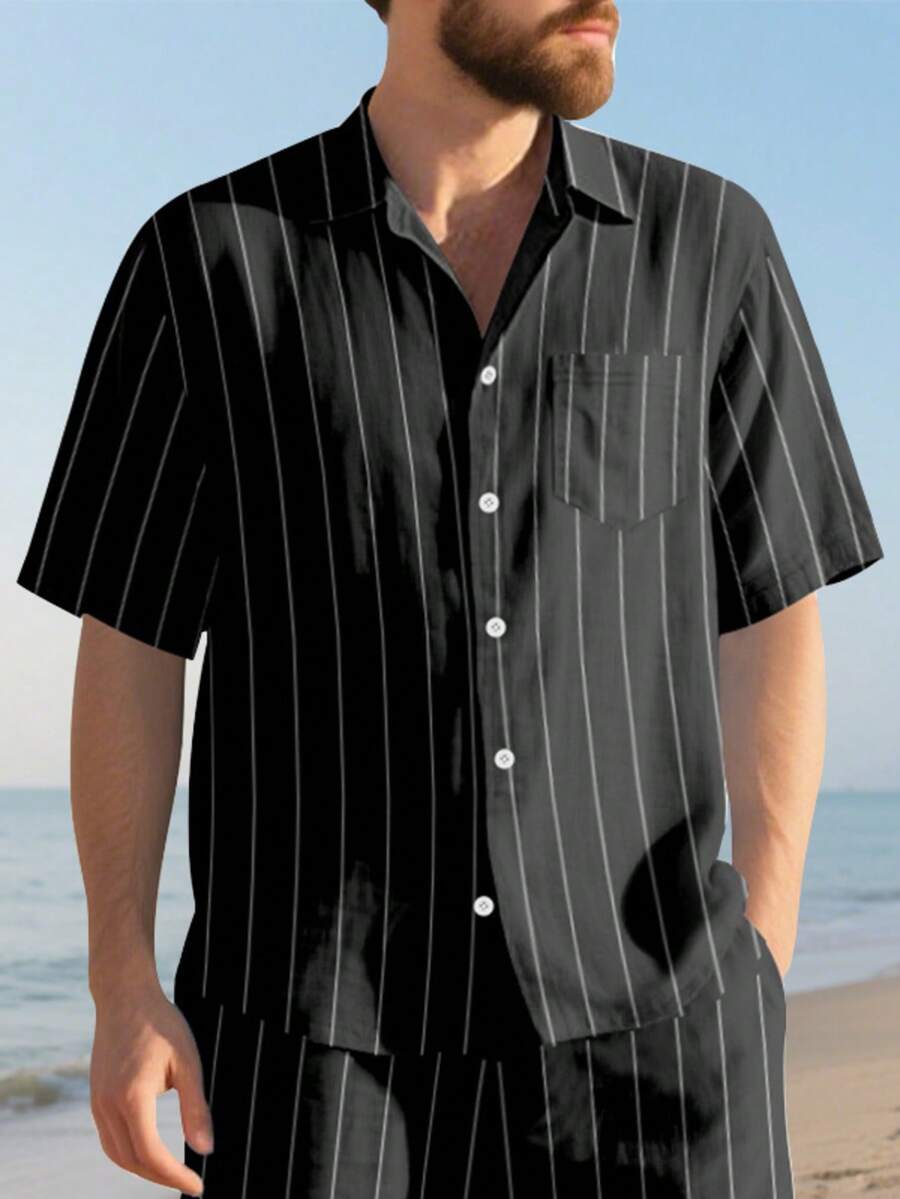 Camisa casual de manga corta para hombre, de lino americano jacquard, suelta y transpirable, con rayas - Negro - Ver 1