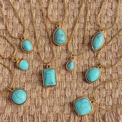 1 chiếc vòng cổ tối giản đa năng bất đối xứng 3D đính đá Malachite và Turquoise, mạ vàng 18K, chất liệu thép không gỉ, phù hợp cho nữ giới đeo hàng ngày và dự tiệc.