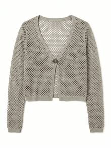 JustMiss Women's Spring/Summer Mesh Hollow Out Solid Color Minimalist Elegant Fashion Single Button Cardigan Long Sleeve Daily Home Commute Shopping Versatile Vacation T-Shirt Knit Top Sweater - Grey - View 7