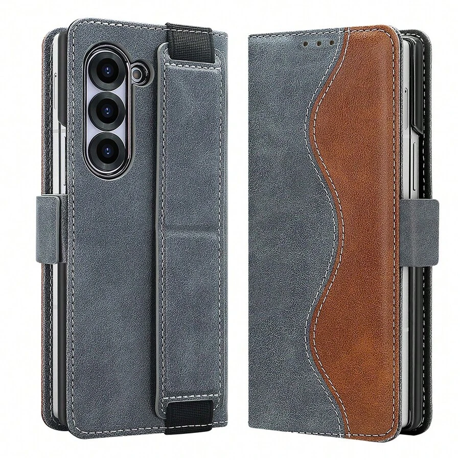 VIETAO 高品质缝制仿皮翻盖全包保护手机壳，兼容三星 Galaxy Z Fold 5 6 7，带卡槽，防震磁吸钱包式手机壳 - 灰色 - 查看 1