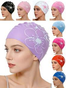 Printed Silicone Swimming Cap - Highly Elastic Silicone Swimming Cap - Suitable For Outdoor Water Sports, Durable Swimming Accessory - Ear Protection, Suitable For Long Curly Hair - Adult Training, Beach Essential, Beach Accessory, Ideal For Pool Floats - Multicolor - View 2