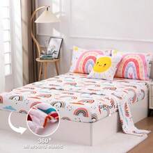 A Nice Night Bedding - Juego de ropa de cama de 6 piezas con diseño de arcoíris de dibujos animados con estampado de sol para niños y niñas blanco matrimonial - Blancoarco iris - Ver 6