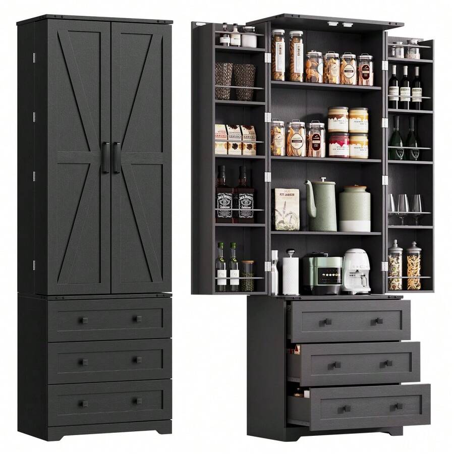 72" Tall Kitchen Pantry Cabinet With 3 Drawers&2 Barn Doors, Farmhouse Storage Cabinet With Adjustable Shelves For Kitchen, Dining Room And Living Room - Black - View 1