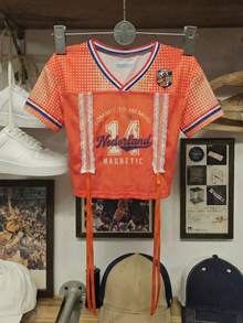 Women's Summer/Spring Casual Sheer Mesh V-Neck Lace Patchwork Drawstring Cropped T-Shirt, All-Over National Flag Print, Blokette Blokecore Style, Breathable & Cool, Summer/Spring Clothing, Summer/Spring Tops, Summer/Spring Apparel, Outdoor Wear, Sports Fashion, Match Day Essential, Football Game Attire, Women's Summer Tops - Orange - View 7