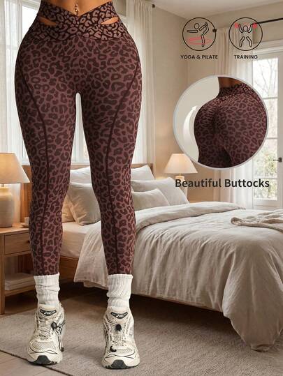 1 pieza Pantalón de yoga sin costuras para mujer, diseño de estampado de leopardo, cintura elástica con cruce, adecuado para entrenamiento, yoga, correr, senderismo, fitness y uso casual