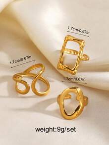 3pcs Set Fashionable Minimalist High-End Plated Stainless Steel Geometric Square & Oval Open Ring, Suitable For Women's Daily Wear & Parties - Gold - View 4