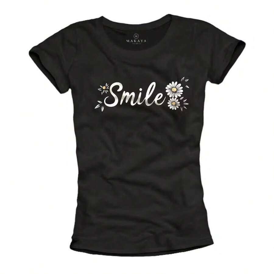 's Shirt With Daisy Print – Smile Quote Printshirt, Floral Summer Top, Short Sleeve Cotton Tee, Cute Printshir - màu đen - Xem 1