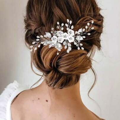 1pc Women's Elegant Handmade Alloy Leaf & Ceramic Flower Faux Pearl Hair Comb, Bridal Wedding Party Accessory