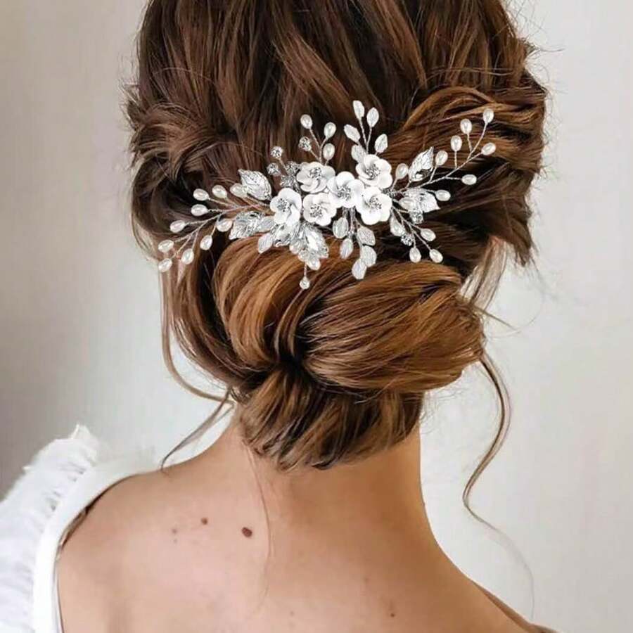1pc Women's Elegant Handmade Alloy Leaf & Ceramic Flower Faux Pearl Hair Comb, Bridal Wedding Party Accessory - Silver - View 1