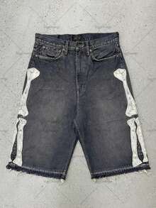 Men's Vintage Washed Skeleton Bone Embroidered Denim Shorts, Loose Fit Frayed Hem Knee Length Streetwear Jeans Shorts - màu đen - Xem 5