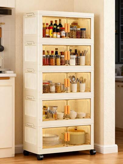 1pc 40cm/50cm/60cm Wide Foldable Storage Cabinet, Clothes Closet Storage Box, Portable Wardrobe, Double Door Folding Cabinet, 1-6 Layers Optional, Thickened Double Door With Wheels Storage Cabinet, Home Use No-Installation Organizer Rack, Clothes & Toys Plastic Folding Storage Cabinet